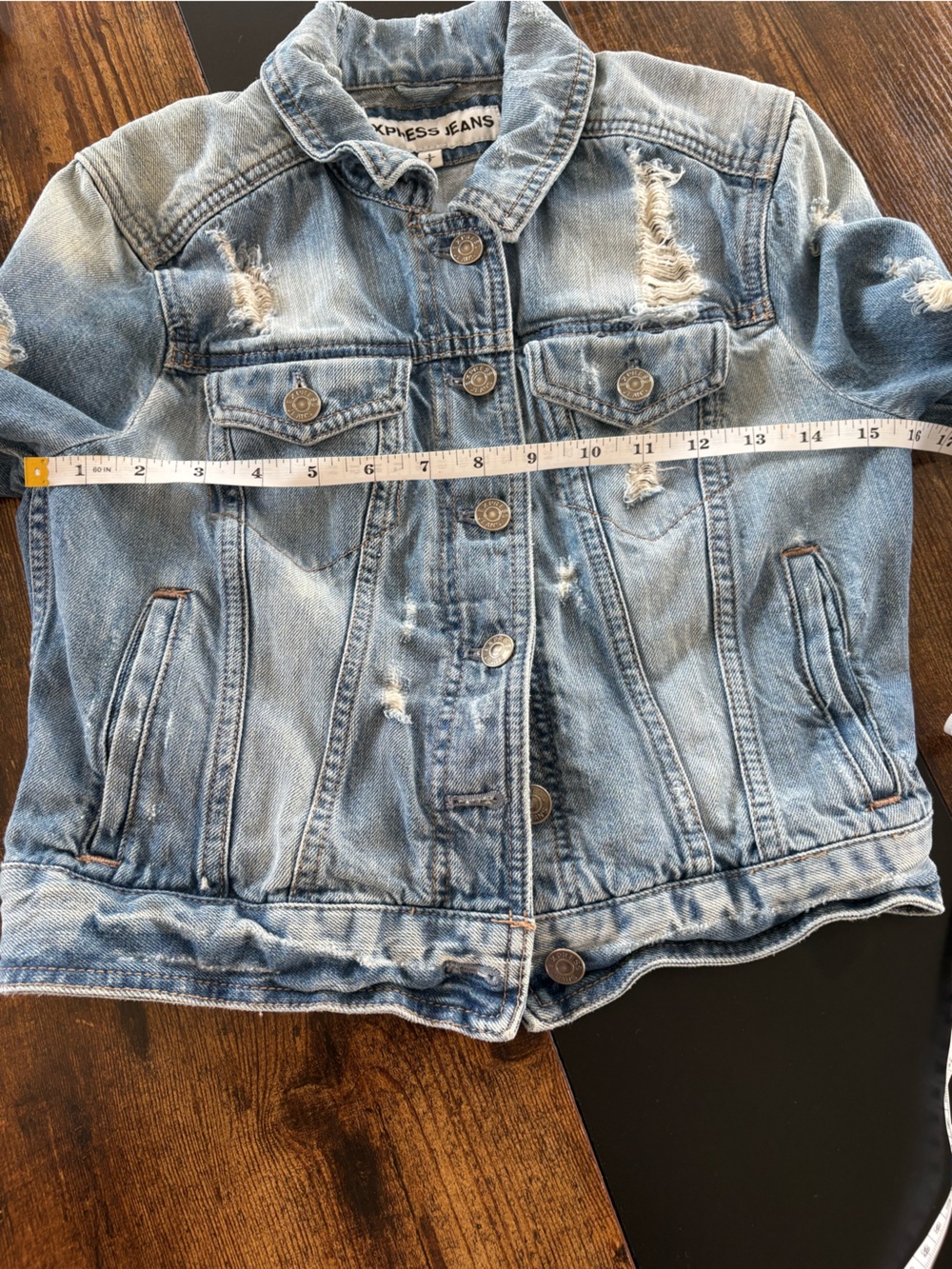 Express Light Blue Distressed Cropped Denim Jacket - Picture 6 of 8